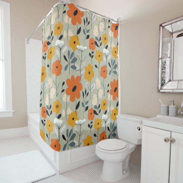 Mid Century Inspired Floral Pattern Shower Curtain (In Situ)