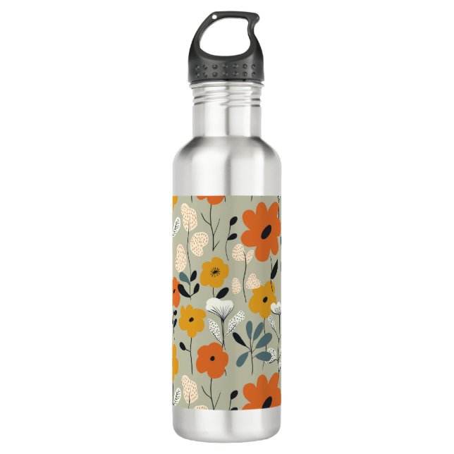 Mid Century Inspired Floral Pattern Stainless Steel Water Bottle (Front)