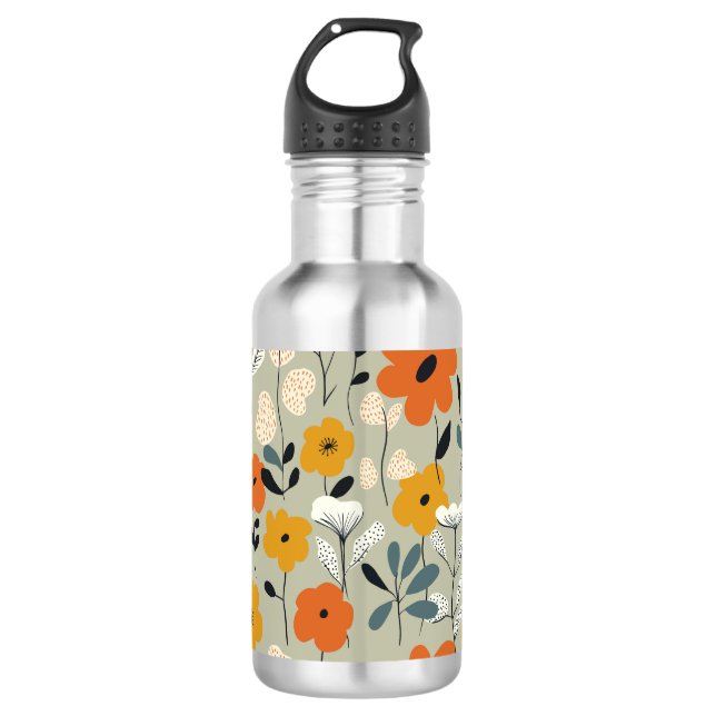 Mid Century Inspired Floral Pattern Stainless Steel Water Bottle (Front)