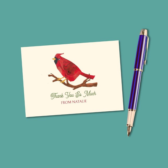 Mid-Century Inspired Red Cardinal Hand-Illustrated Thank You Card (This bright red cardinal is my own original art. Your personalization appears in retro typography.)