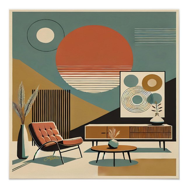 Mid Century Interior Design Sunrise Livingroom Poster (Front)