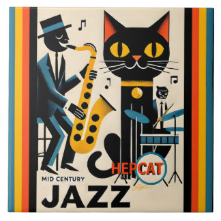 Mid Century Jazz Age HepCat Black Cat Ceramic Tile