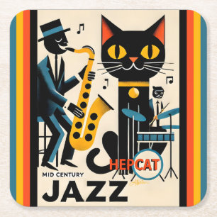 Mid Century Jazz Age HepCat Black Cat Square Paper Coaster
