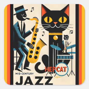 Mid Century Jazz Age HepCat Black Cat Square Sticker