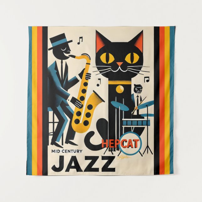 Mid Century Jazz Age HepCat Black Cat Tapestry (Front)
