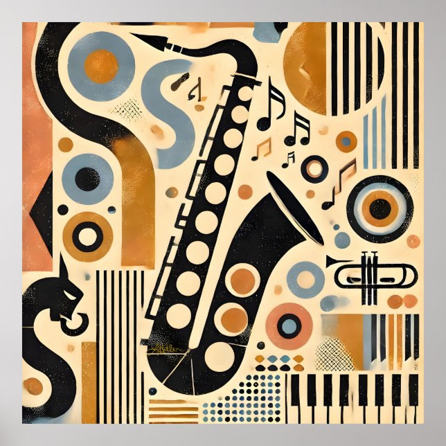 Mid Century Jazz Age Minimalist Art Saxophone Poster (Front)