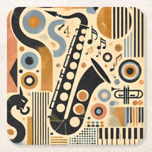 Mid Century Jazz Age Minimalist Art Saxophone Square Paper Coaster