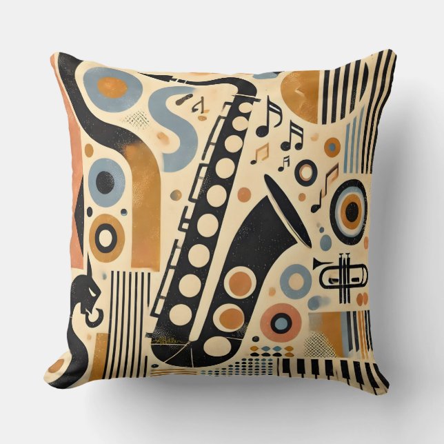Mid Century Jazz Age Minimalist Art Saxophone Throw Pillow (Front)