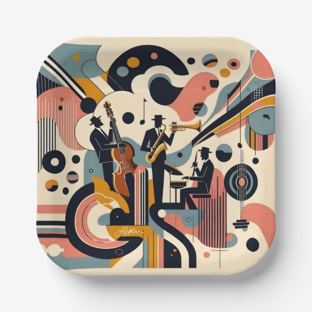 Mid Century Jazz Age Psychedelic Trio Paper Plates (Front)
