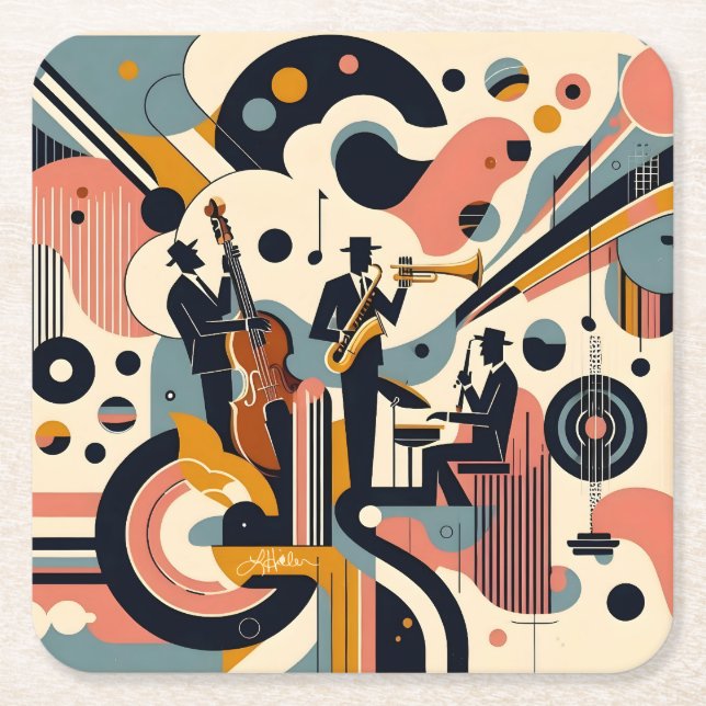 Mid Century Jazz Age Psychedelic Trio Square Paper Coaster (Front)
