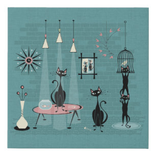 Mid Century Kitty Family Mischief ©studioxtine Faux Canvas Print