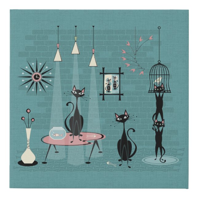 Mid Century Kitty Family Mischief ©studioxtine Faux Canvas Print (Front)