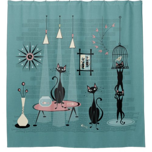 Mid Century Kitty Family Mischief studioxtine Shower Curtain