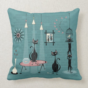 Mid Century Kitty Family Mischief ©studioxtine Throw Pillow