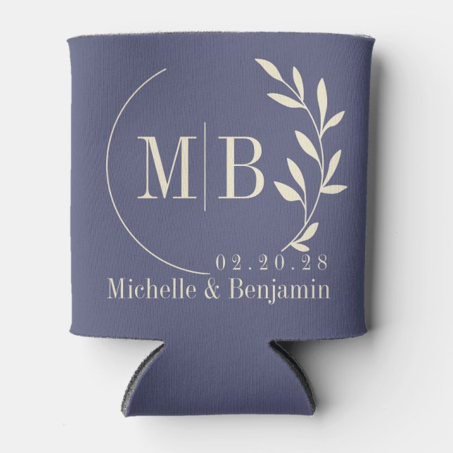 Mid-Century Lavender Breeze Leaf Wedding Monogram Can Cooler (Front)