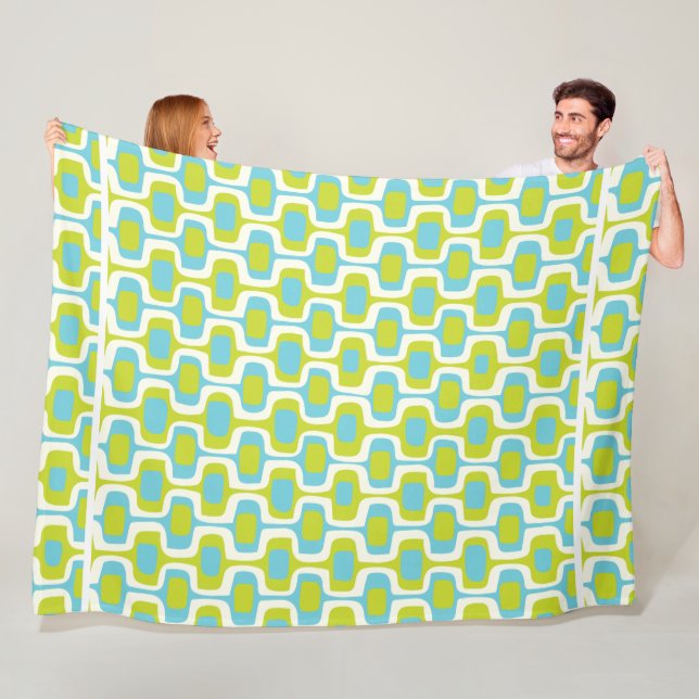 Mid-Century Lime and Aqua Ovals and Circles Fleece Blanket (In Situ)
