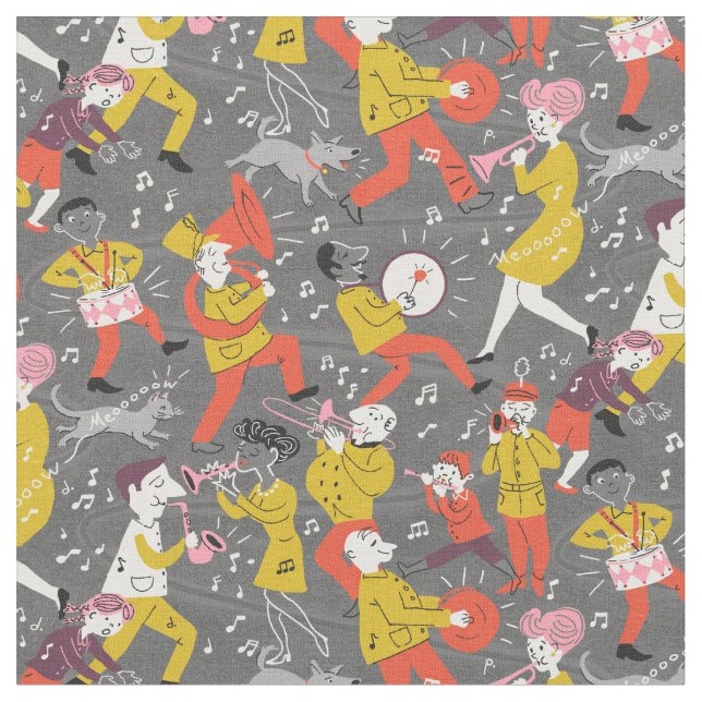 Mid Century Marching Band on Gray Fabric (Close Up)