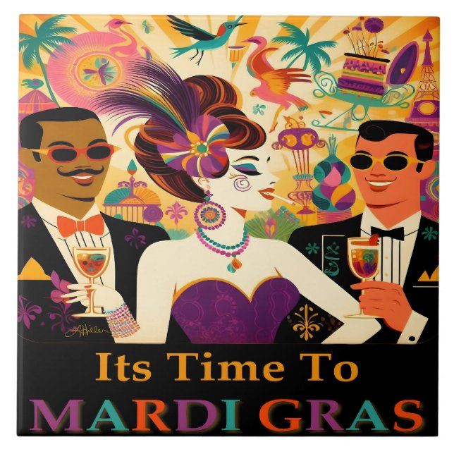 Mid Century Mardi Gras Cocktail Party Ceramic Tile (Front)