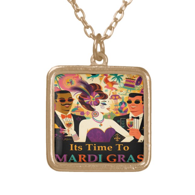 Mid Century Mardi Gras Cocktail Party Gold Plated Necklace (Front)