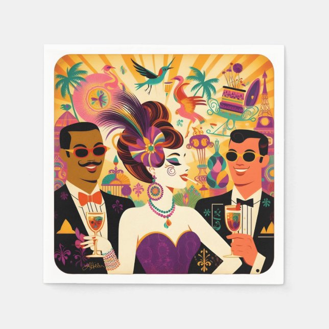 Mid Century Mardi Gras Cocktail Party Napkins (Front)