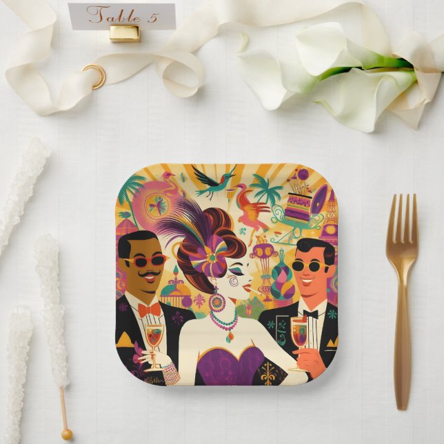 Mid Century Mardi Gras Cocktail Party Paper Plates (Wedding)