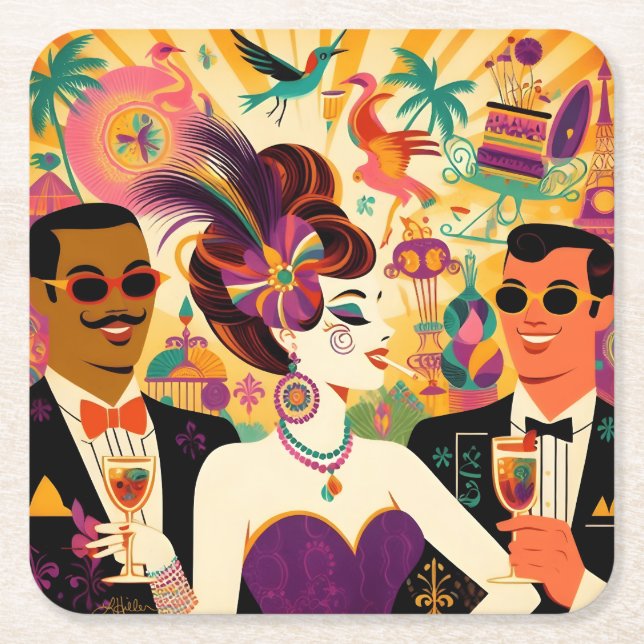 Mid Century Mardi Gras Cocktail Party Square Paper Coaster (Front)