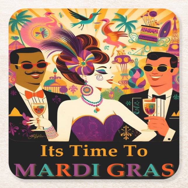 Mid Century Mardi Gras Cocktail Party Square Paper Coaster (Front)