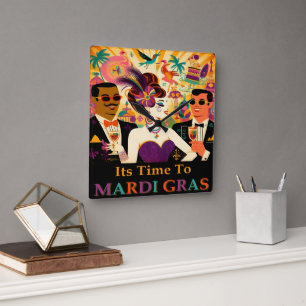 Mid Century Mardi Gras Cocktail Party Square Wall Clock