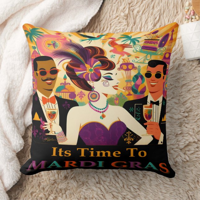 Mid Century Mardi Gras Cocktail Party Throw Pillow (Blanket)