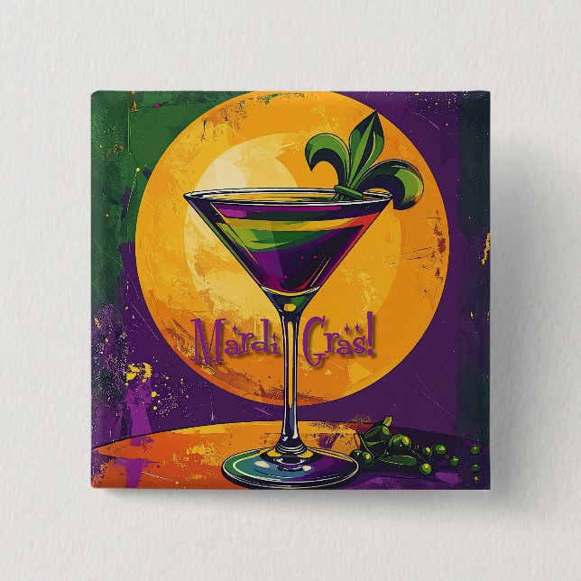 Mid Century Mardi Gras Sunset Fleur De Lis Martini Button (Front)