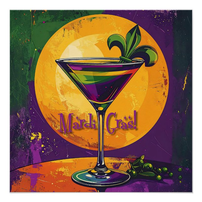 Mid Century Mardi Gras Sunset Fleur De Lis Martini Poster (Front)