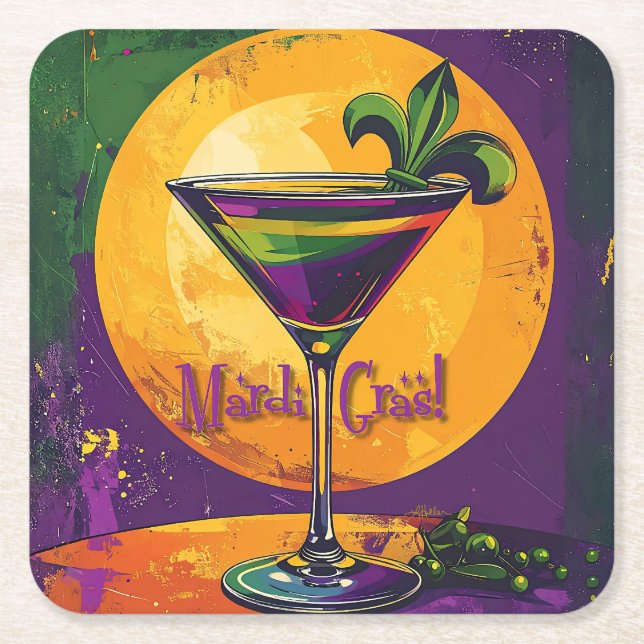 Mid Century Mardi Gras Sunset Fleur De Lis Martini Square Paper Coaster (Front)