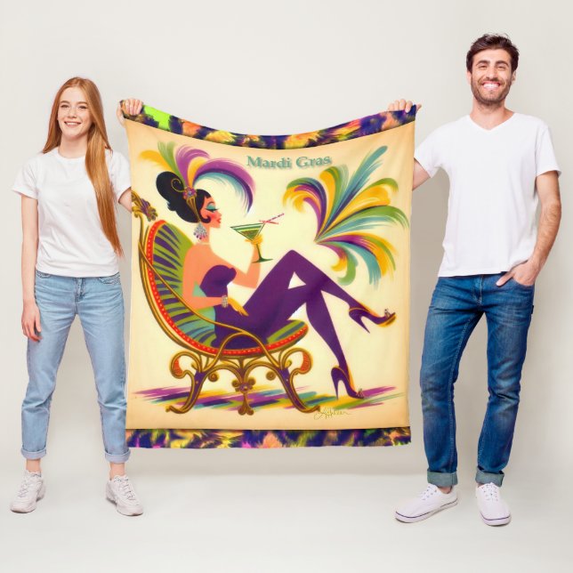 Mid Century Mardi Gras Woman With A Martini Fleece Blanket (In Situ)