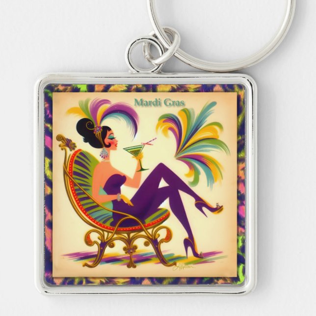 Mid Century Mardi Gras Woman With A Martini Keychain (Front)