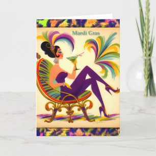 Mid Century Mardi Gras Woman With A Martini Letterpress Thank You Card