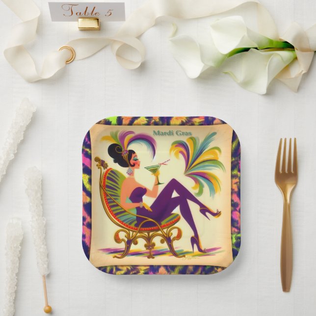 Mid Century Mardi Gras Woman With A Martini Paper Plates (Wedding)