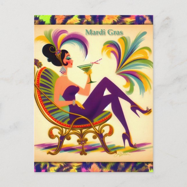 Mid Century Mardi Gras Woman With A Martini Postcard (Front)