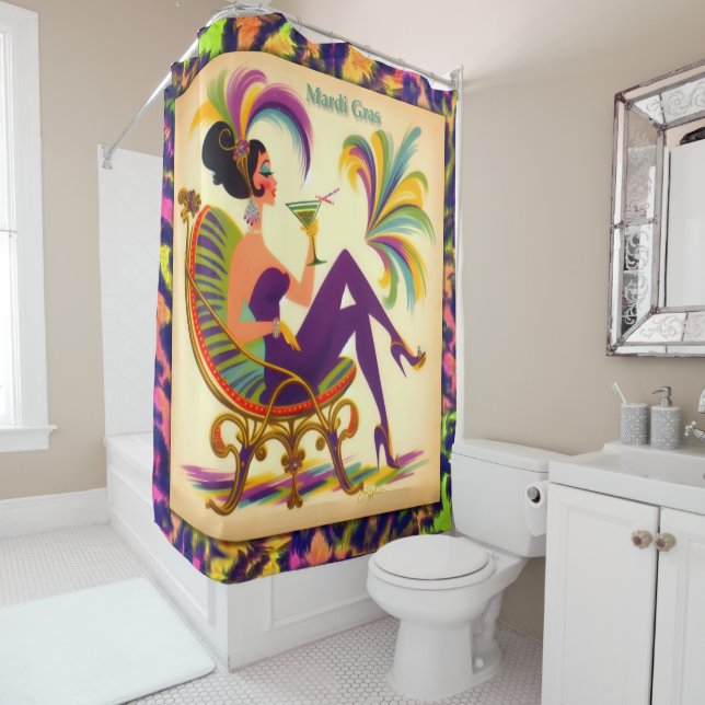 Mid Century Mardi Gras Woman With A Martini Shower Curtain (In Situ)