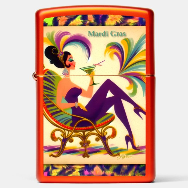 Mid Century Mardi Gras Woman With A Martini Zippo Lighter (Front)