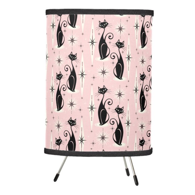 Mid Century Meow on Warm Pink Tripod Lamp (Right)