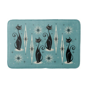 Mid Century Meow Retro Atomic Cats on Blue Bath Mat