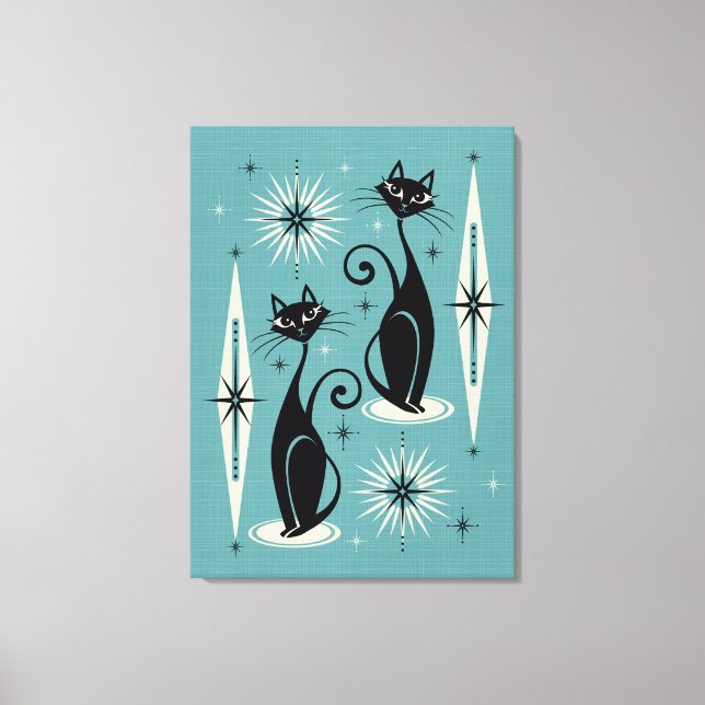 Mid Century Meow Retro Atomic Cats on Blue Canvas Print (Front)