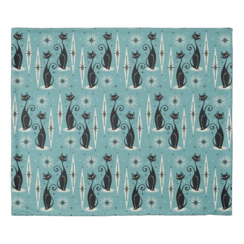 Mid Century Meow Retro Atomic Cats on Blue Duvet Cover