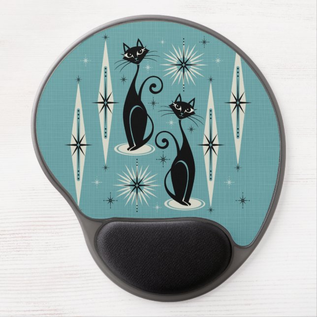 Mid Century Meow Retro Atomic Cats on Blue Gel Mouse Pad (Front)