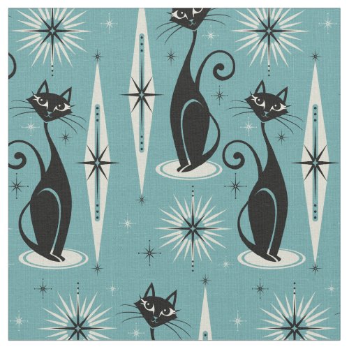 Mid Century Meow Retro Atomic Cats on Blue II Fabric
