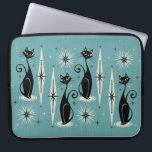 Mid Century Meow Retro Atomic Cats on Blue Laptop Sleeve<br><div class="desc">For the cat loving,  retro enthusiast,  my original vector illustration of sleek black cats,  starbursts,  & diamonds in mid century atomic style,  in black and gray,  on a cadet blue background,  with simulated fabric grain.</div>