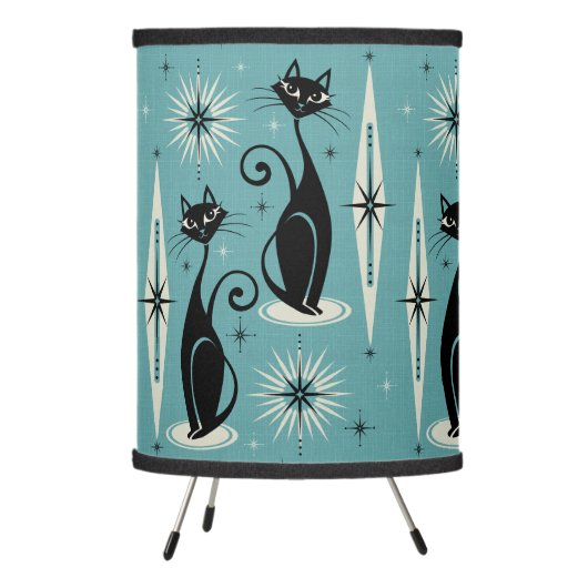 Mid Century Meow Retro Atomic Cats on Blue - Large Tripod Lamp (Left)