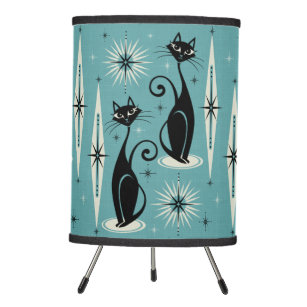 Mid Century Meow Retro Atomic Cats on Blue - Large Tripod Lamp