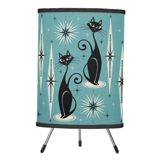 Mid Century Meow Retro Atomic Cats on Blue - Large Tripod Lamp (Front)