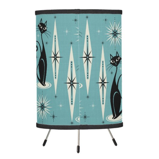 Mid Century Meow Retro Atomic Cats on Blue - Large Tripod Lamp (Back)